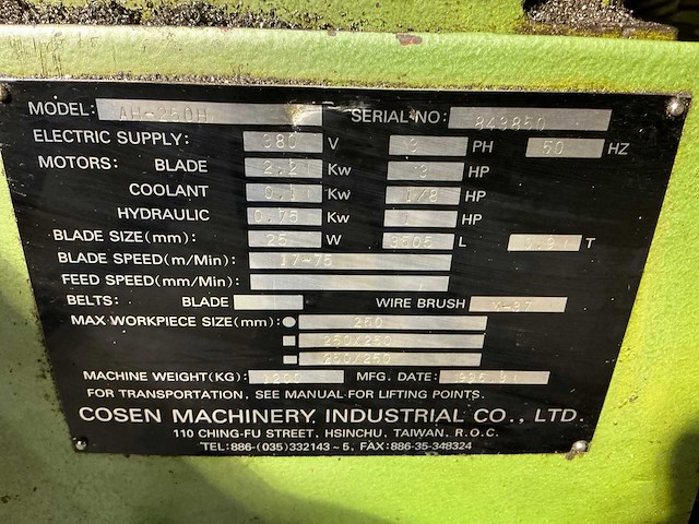 Cosen ah-250h bandzaagmachine - afbeelding 6 van  6
