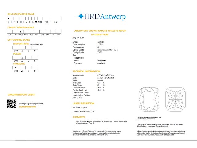 Cushion diamant 1.08ct – d/vvs2 – hrd - afbeelding 4 van  4