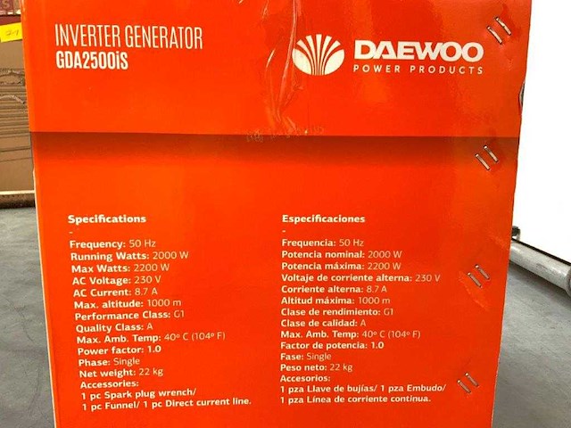 Daewoo - 2026 - gda2500is - inverter generator 2200w 8.7a - afbeelding 5 van  6
