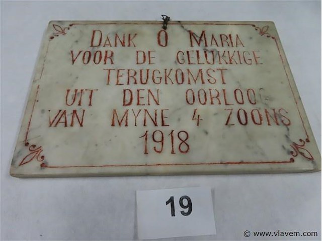 Dankplaquette marmer uit 1918 - afbeelding 1 van  3