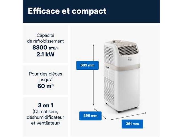 Delonghi pac es72 mobile airconditioner - 2100w - ventilator en ontvochtiger - r290 gas - 8.300 btu/u - afbeelding 2 van  7