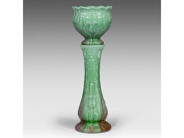 Delphin massier (1836-1907), green glazed ceramic jardinière on stand decorated with thistles 113 cm. (44.49 in.) - afbeelding 1 van  8