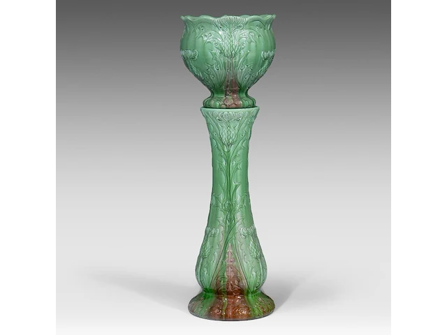 Delphin massier (1836-1907), green glazed ceramic jardinière on stand decorated with thistles 113 cm. (44.49 in.) - afbeelding 2 van  8