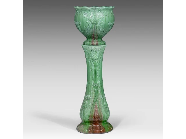 Delphin massier (1836-1907), green glazed ceramic jardinière on stand decorated with thistles 113 cm. (44.49 in.) - afbeelding 3 van  8