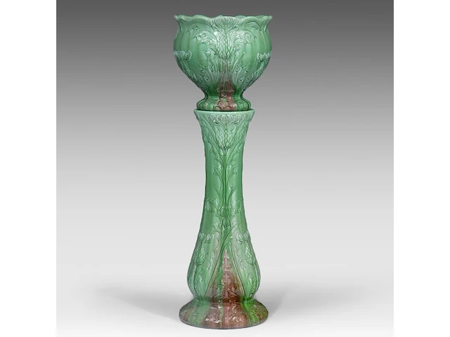 Delphin massier (1836-1907), green glazed ceramic jardinière on stand decorated with thistles 113 cm. (44.49 in.) - afbeelding 4 van  8
