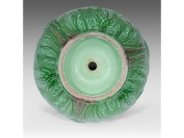 Delphin massier (1836-1907), green glazed ceramic jardinière on stand decorated with thistles 113 cm. (44.49 in.) - afbeelding 8 van  8