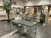 Demo modellen gordijnen, tafels, stoelen, grote plant enz