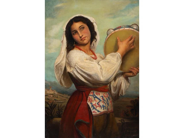 Desiré mergaert (act.1865-1890), 'la pascuccia', 1866, oil on canvas 90 x 62 cm. (35.42 x 24.41 in.), frame: 118 x 90 cm. (46.46 x 35.42 in.) - afbeelding 1 van  7