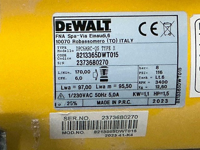 Dewalt dpc6mrc-qs luchtcompressor - afbeelding 3 van  3