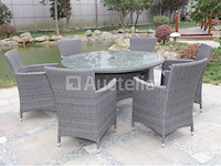 Dining set 7-delig - grijs wicker met grijze kussens - glazen tafelblad - afbeelding 1 van  3