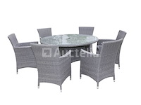 Dining set 7-delig - grijs wicker met grijze kussens - glazen tafelblad - afbeelding 2 van  3