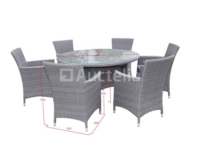 Dining set 7-delig - grijs wicker met grijze kussens - glazen tafelblad - afbeelding 3 van  3