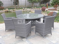 Dining set 7-delig - grijs wicker met grijze kussens - glazen tafelblad - afbeelding 1 van  3