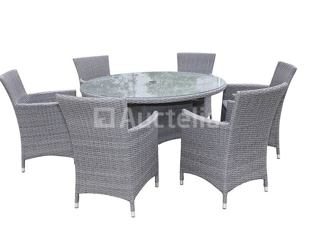 Dining set 7-delig - grijs wicker met grijze kussens - glazen tafelblad - afbeelding 2 van  3