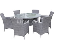 Dining set 7-delig - grijs wicker met grijze kussens - glazen tafelblad - afbeelding 2 van  3