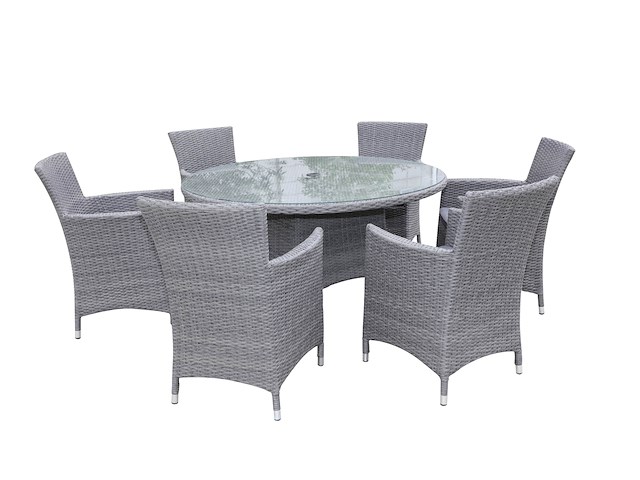 Dining set 7-delig - grijs wicker met grijze kussens - glazen tafelblad - afbeelding 2 van  3