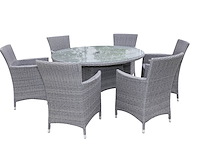 Dining set 7-delig - grijs wicker met grijze kussens - glazen tafelblad - afbeelding 2 van  3