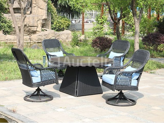 Dining set redonda | 5-delig | wicker | antraciet wicker + blauwe kussens - afbeelding 1 van  3