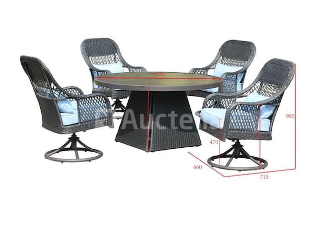 Dining set redonda | 5-delig | wicker | antraciet wicker + blauwe kussens - afbeelding 2 van  3