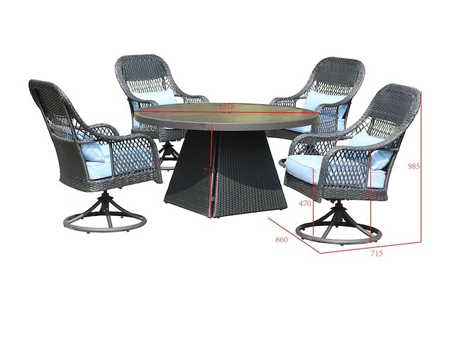 Dining set redonda | 5-delig | wicker | antraciet wicker + blauwe kussens - afbeelding 3 van  3
