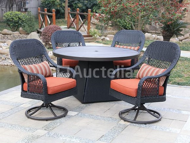 Dining set redonda | 5-delig | wicker | antraciet wicker + oranje kussens - afbeelding 1 van  3