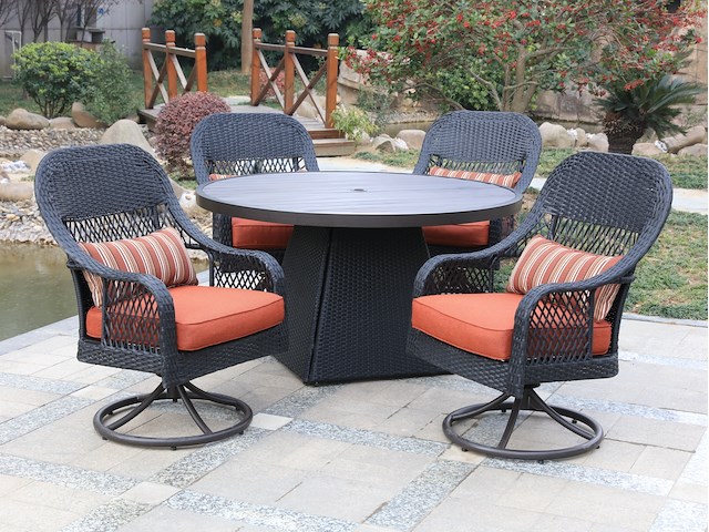 Dining set redonda | 5-delig | wicker | antraciet wicker + oranje kussens - afbeelding 1 van  3