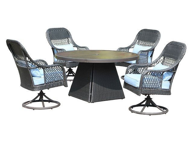 Diningset - 5-delig rond- antraciet wicker + blauwe kussens - afbeelding 1 van  3