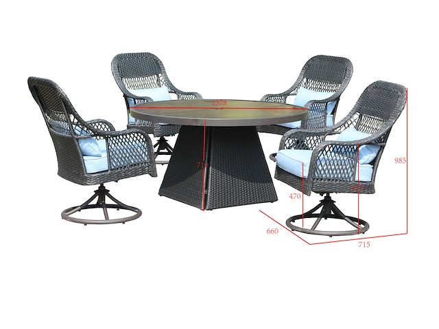 Diningset - 5-delig rond- antraciet wicker + blauwe kussens - afbeelding 2 van  3