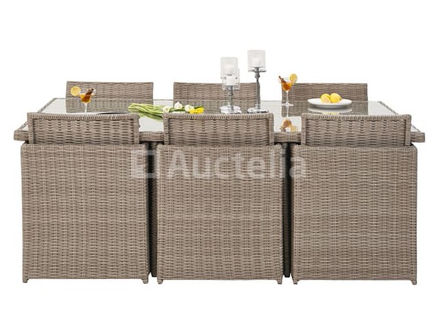 Diningset 11 delig - beige wicker + antraciete kussens - stoelen + eettafel 200x125 cm - afbeelding 7 van  11