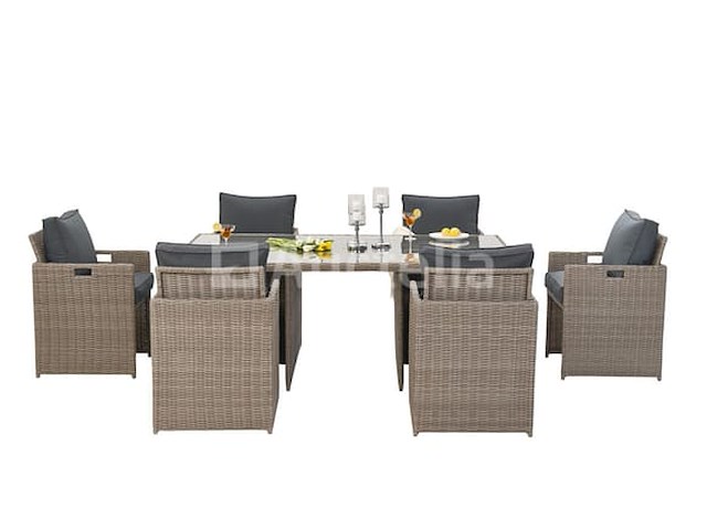 Diningset 11 delig - beige wicker + antraciete kussens - stoelen + eettafel 200x125 cm - afbeelding 10 van  11