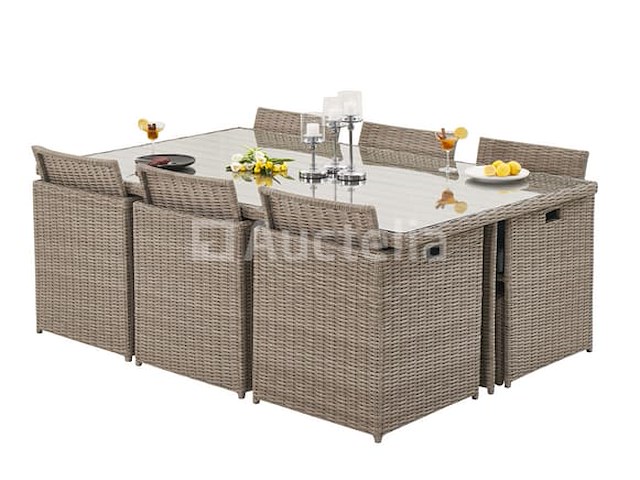 Diningset 11 delig - beige wicker + antraciete kussens - stoelen + eettafel 200x125 cm - afbeelding 11 van  11