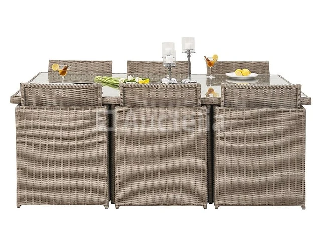 Diningset 11 delig - beige wicker + antraciete kussens - stoelen + eettafel 200x125 cm - afbeelding 4 van  11