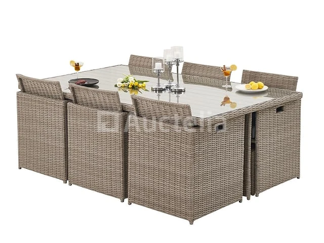 Diningset 11 delig - beige wicker + antraciete kussens - stoelen + eettafel 200x125 cm - afbeelding 8 van  11