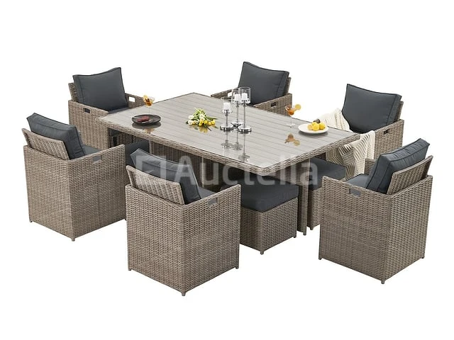 Diningset 11 delig - beige wicker + antraciete kussens - stoelen + eettafel 200x125 cm - afbeelding 9 van  11