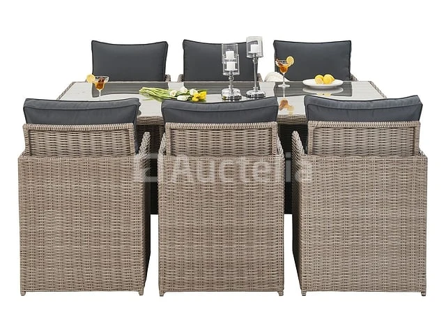 Diningset 11 delig - beige wicker + antraciete kussens - stoelen + eettafel 200x125 cm - afbeelding 1 van  11