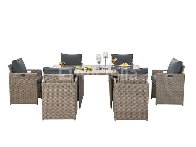 Diningset 11 delig - beige wicker + antraciete kussens - stoelen + eettafel 200x125 cm - afbeelding 5 van  11