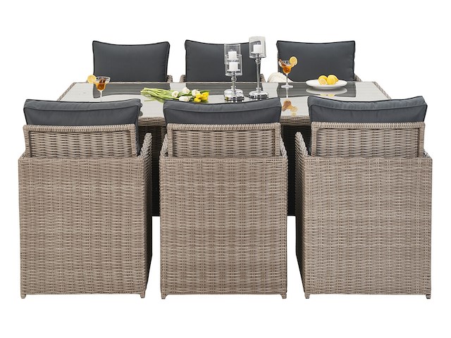 Diningset 11 delig - beige wicker + antraciete kussens - stoelen + eettafel 200x125 cm - afbeelding 9 van  12