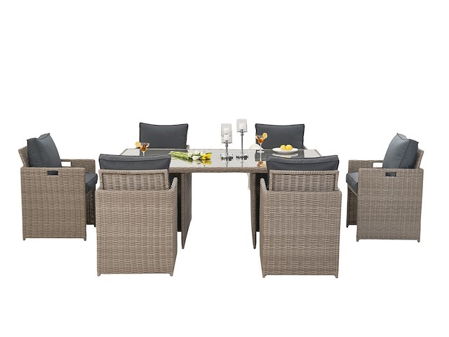 Diningset 11 delig - beige wicker + antraciete kussens - stoelen + eettafel 200x125 cm - afbeelding 10 van  12
