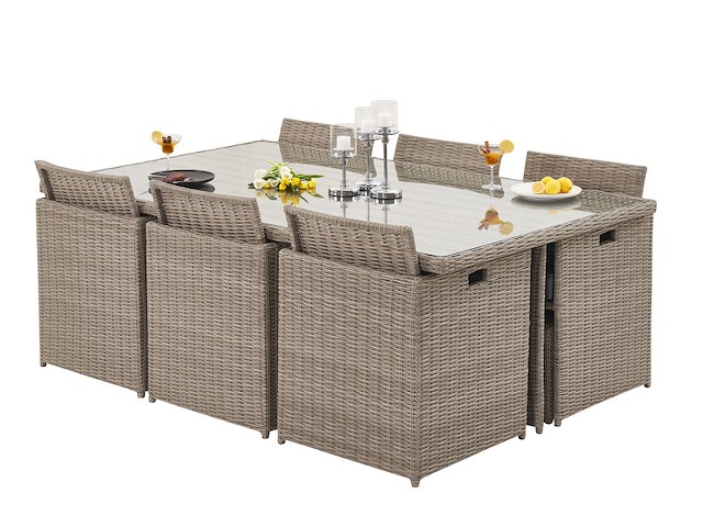 Diningset 11 delig - beige wicker + antraciete kussens - stoelen + eettafel 200x125 cm - afbeelding 11 van  12