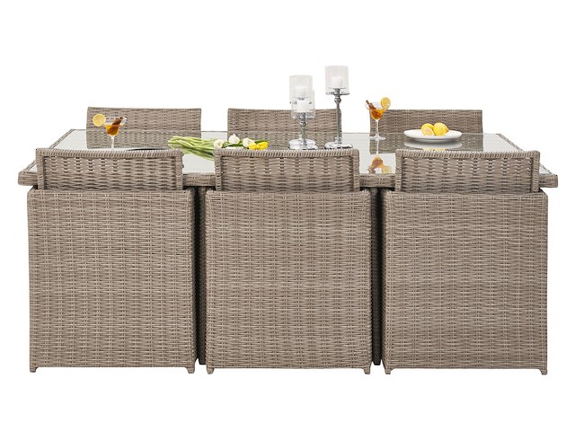 Diningset 11 delig - beige wicker + antraciete kussens - stoelen + eettafel 200x125 cm - afbeelding 12 van  12