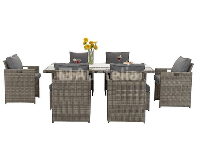 Diningset 11 delig - bruin wicker + grijze kussens - stoelen + eettafel 200x125 cm - afbeelding 2 van  11
