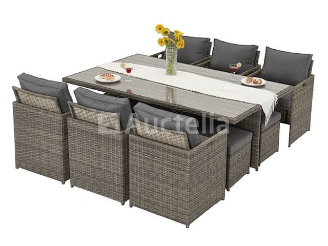 Diningset 11 delig - bruin wicker + grijze kussens - stoelen + eettafel 200x125 cm - afbeelding 1 van  11