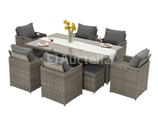 Diningset 11 delig - bruin wicker + grijze kussens - stoelen + eettafel 200x125 cm - afbeelding 6 van  11