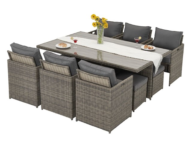 Diningset 11 delig - bruin wicker + grijze kussens - stoelen + eettafel 200x125 cm - afbeelding 1 van  11