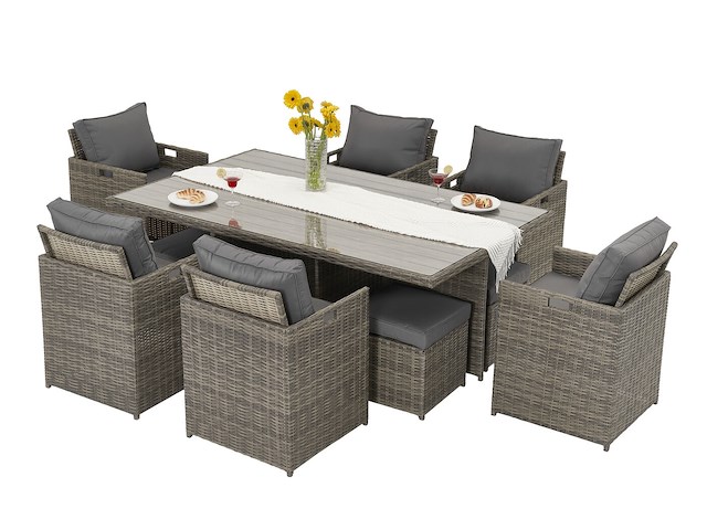 Diningset 11 delig - bruin wicker + grijze kussens - stoelen + eettafel 200x125 cm - afbeelding 5 van  11