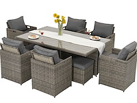 Diningset 11 delig - bruin wicker + grijze kussens - stoelen + eettafel 200x125 cm - afbeelding 5 van  11