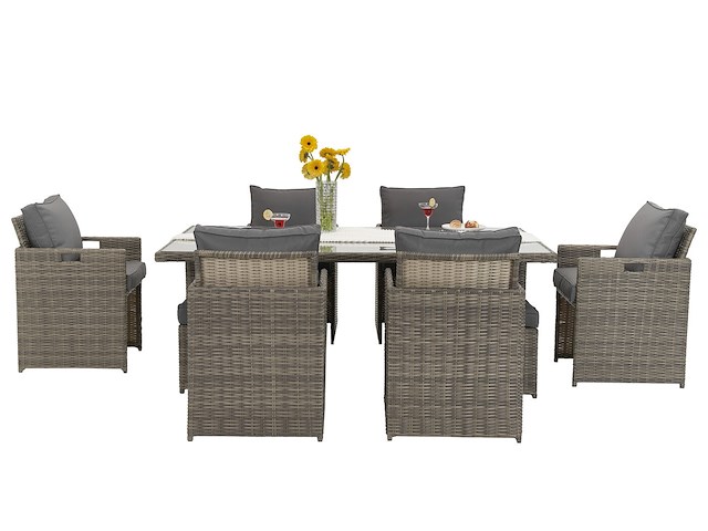 Diningset 11 delig - bruin wicker + grijze kussens - stoelen + eettafel 200x125 cm - afbeelding 7 van  11
