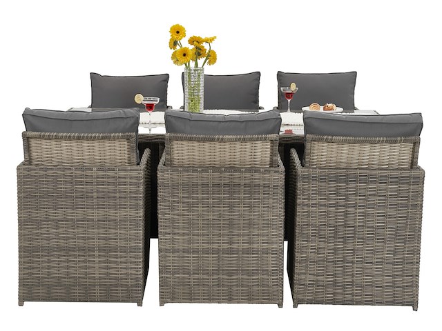 Diningset 11 delig - bruin wicker + grijze kussens - stoelen + eettafel 200x125 cm - afbeelding 8 van  11