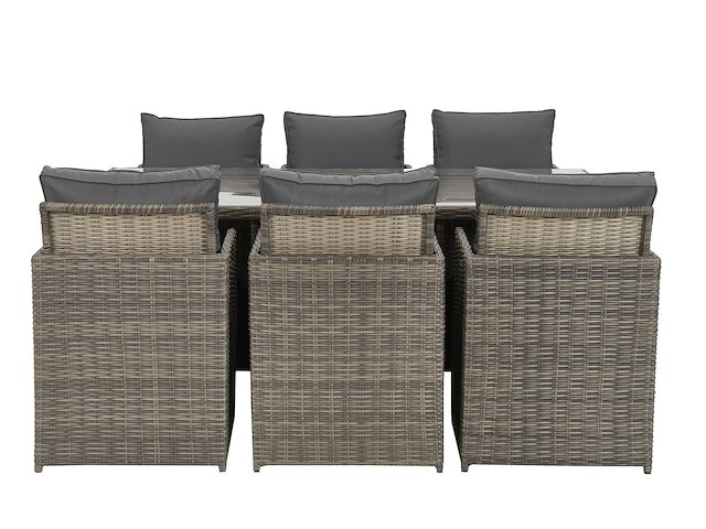 Diningset 11 delig - bruin wicker + grijze kussens - stoelen + eettafel 200x125 cm - afbeelding 9 van  11