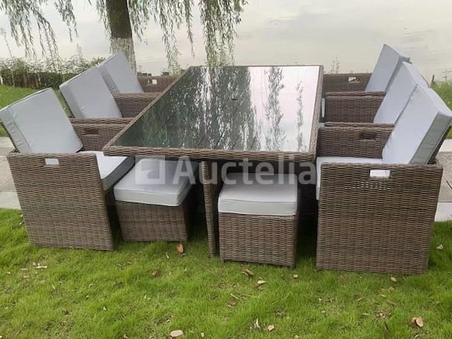 Diningset 11 delig - donkerbruin wicker + grijze kussens - afbeelding 1 van  4